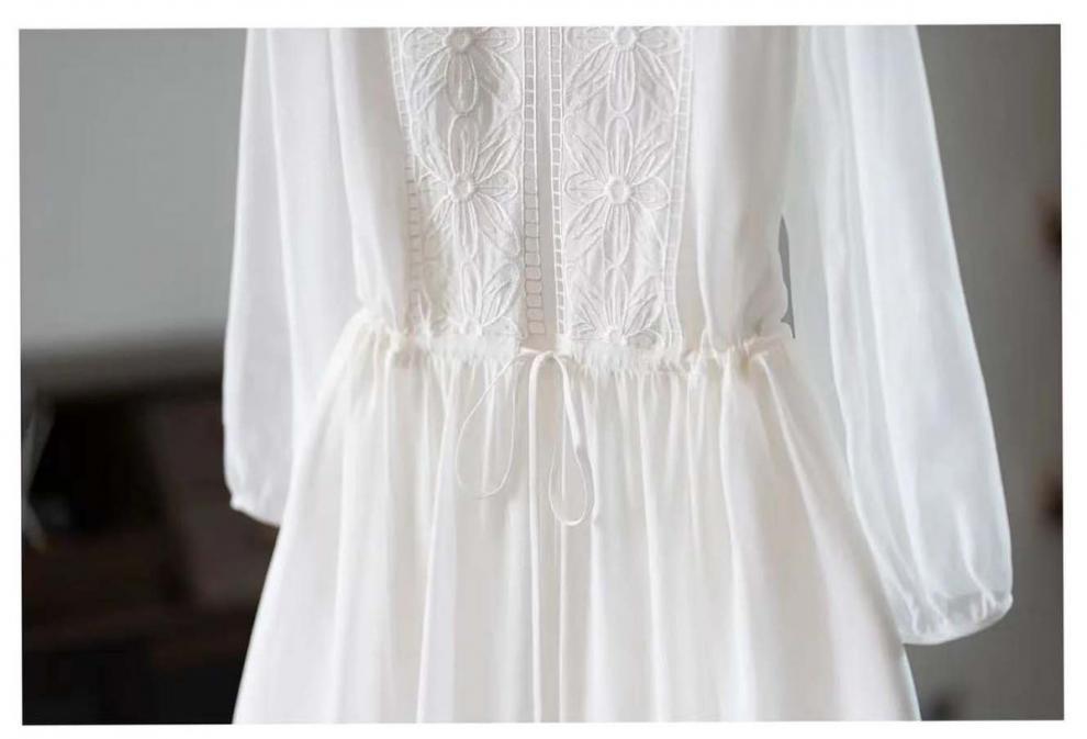 Elegant White Embroidered Chiffon Dress Loose Holiday Long Skirt V-neck Polyester Fabric A-line Silhouette New Style display picture 6