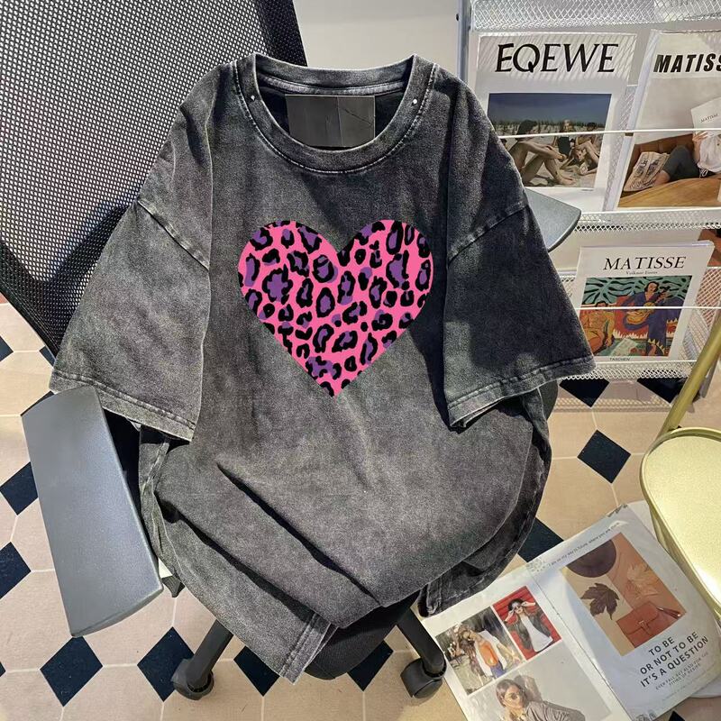 Leopard Print Heart American Retro Washed Distressed Short-Sleeve T-Shirt for Men and Women, Couple's Loose Trendy Summer New Ins Style