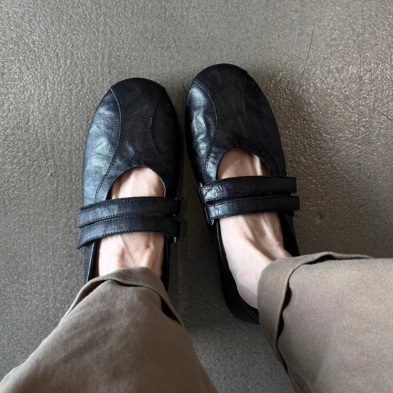 全羊皮~2025新款法式小众软底气质圆头魔术贴双排扣带玛丽珍鞋女|undefined