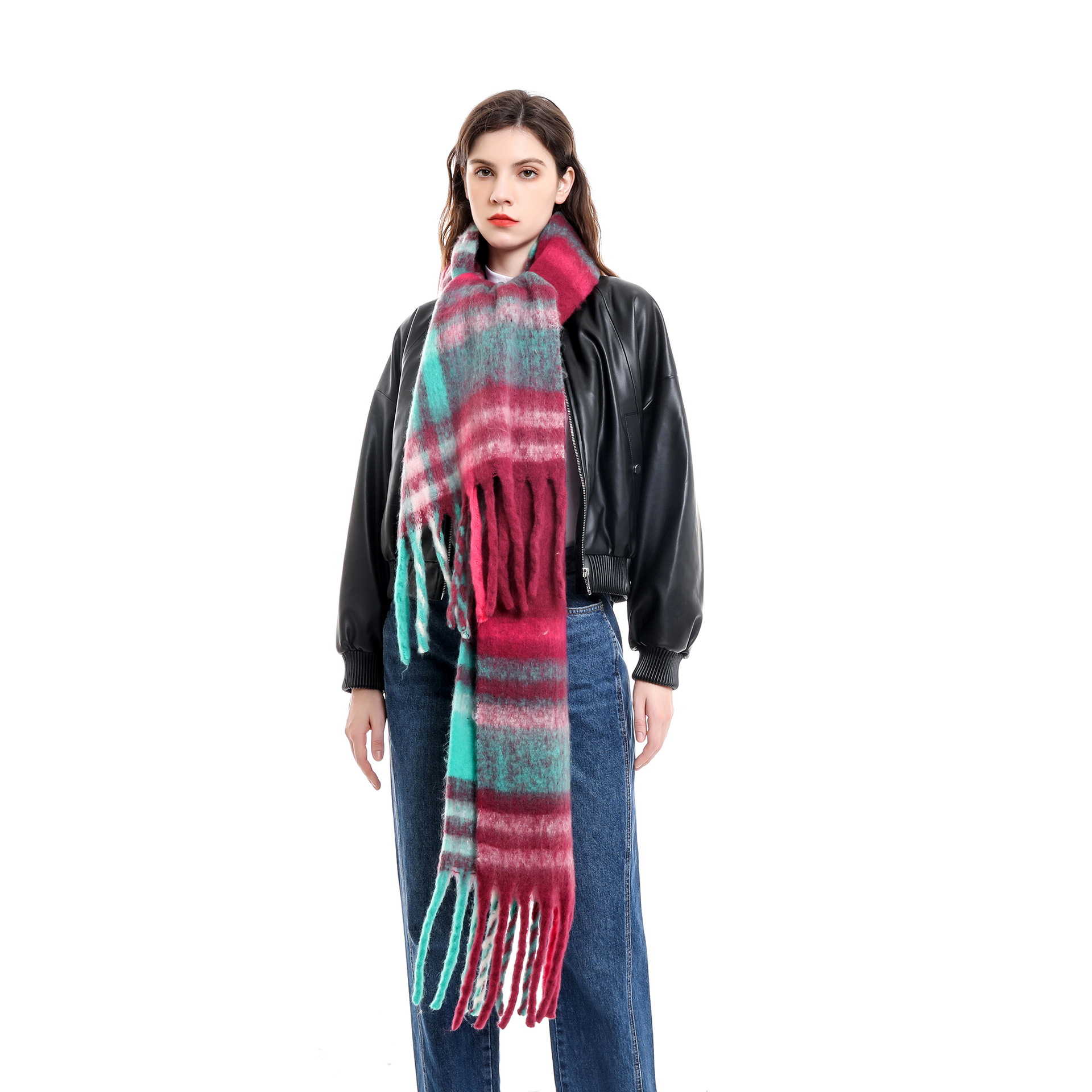 Las mujeres de estilo coreano Arco Iris bufanda a cuadros Otoño e Invierno Cachemira color a juego borla bufanda engrosada moda