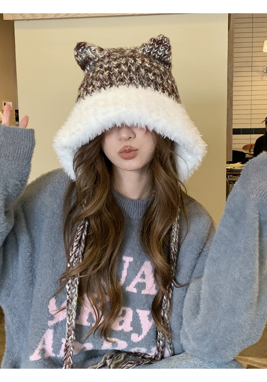 Cute Ears, Big Headband, Colorful Thick Wool Knitted Hat, Women's Autumn and Winter Warmth, Show Face, Small Plush_voghion.com