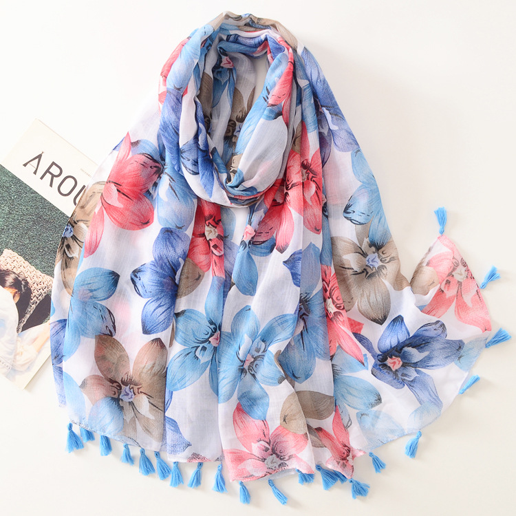 Nuevo color grandes flores impreso algodón y lino mano bufanda larga femenina borla decoración otoño y el invierno cálido sol chal