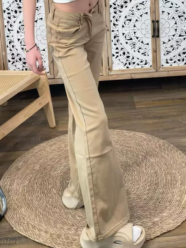 美式复古辣妹低腰卡其色牛仔裤女不贴腿显瘦百搭简约微喇裤长裤子|undefined
