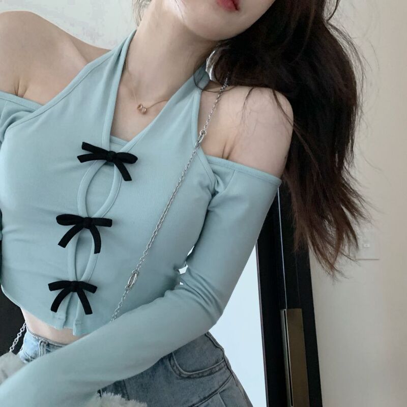 纯欲风挂脖甜美一字肩上衣女短款秋季露肩洋气小众ins修身长袖T恤|undefined
