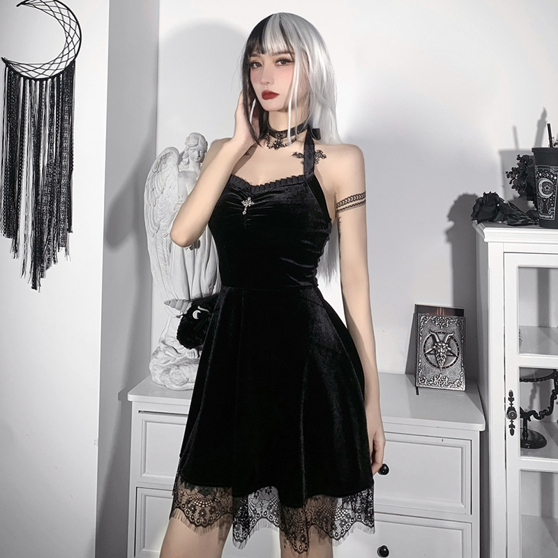 Dark Style Halterneck A-Line Lace Stitching Dress NSGYB99118