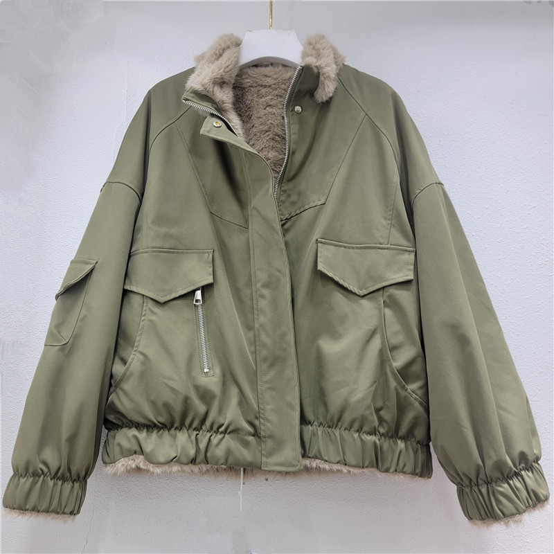 冬季工装短外套加厚夹棉衣女2025夹克棉服小个子仿羊羔毛领军绿色