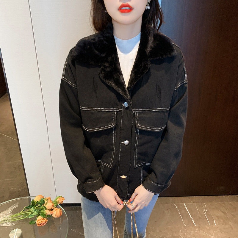 630g Weight Long Sleeve Sleeve Length Single Breasted Placket Type Regular Sleeve Sleeve Type Polyester Fabric Type Ordinary Model (50cm <Length ≤ 65cm) Top Length Coat Tops Type Shirt Collar Neckline Loose Fit Type Solid Color Pattern Women's Gender Temperament Commuter, Urban Style Style Lamb Fur Lined Thickened Denim Jacket Women's Autumn Winter Loose Versatile Short Style Fleece Inner Cotton Coat For Students 13
