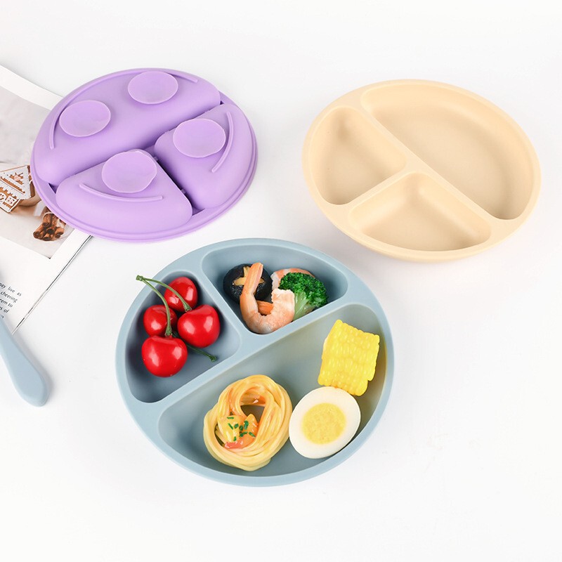 越境してよく売れている赤ちゃんの補助食のシリカゲルの笑顔の食事皿の4つの補強の吸盤はフォーマットのシリカゲルの食器を分けて蓋を持ちます。|undefined