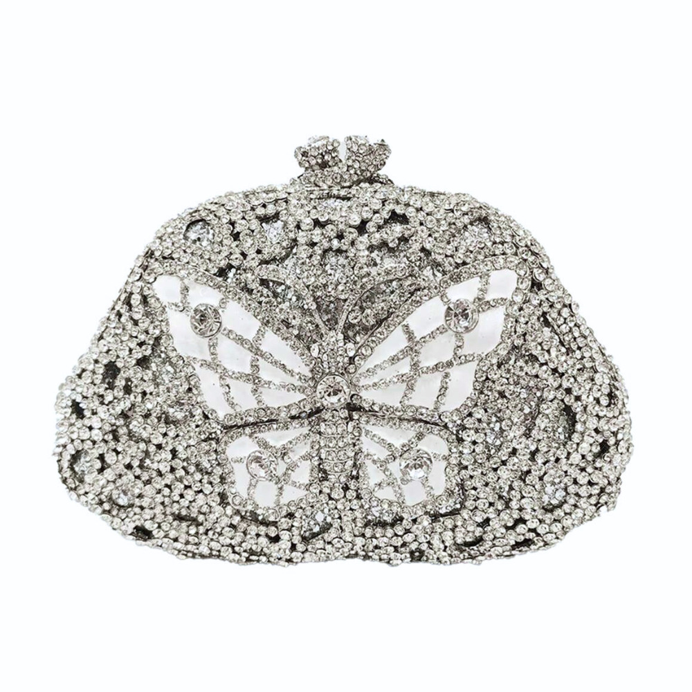 Túi clutch nữ cầm tay đính pha lê hình bướm thủ công dự tiệc — Màu hồng vàng kim, Màu tím hồng, Màu hồng, Màu bạc chi tiết 6