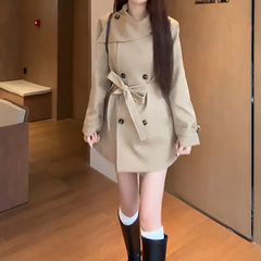 欧洲站韩版气质双排扣风衣外套2025春秋新款高级收腰显瘦系带大衣