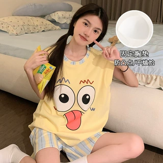 夏季新款睡衣女冰爽棉背心短裤固定胸垫带侧挡可爱舒适家居服套装