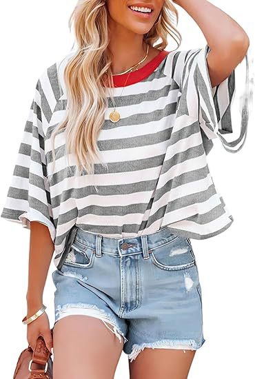 Verano nuevo 2025 transfronterizo Europa y América Amazon rayas de manga corta camiseta de cuello redondo casual suelta camiseta de mujer