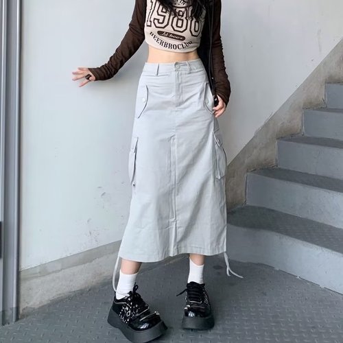 Workwear half-length skirt for women with drawstring, fashionable split design, mid-length summer new style, high-waisted American-style loose A-line long dress