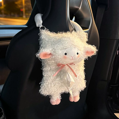 Car Tissue Box Cartoon Cute Little Sheep Hanging Type Car Seat Back Multifunctional Creative Car Interior Decoration Tissue Box (Car tissue box/set) - three-dimensional-hanging-tissue-box-curly-style-white-lamb