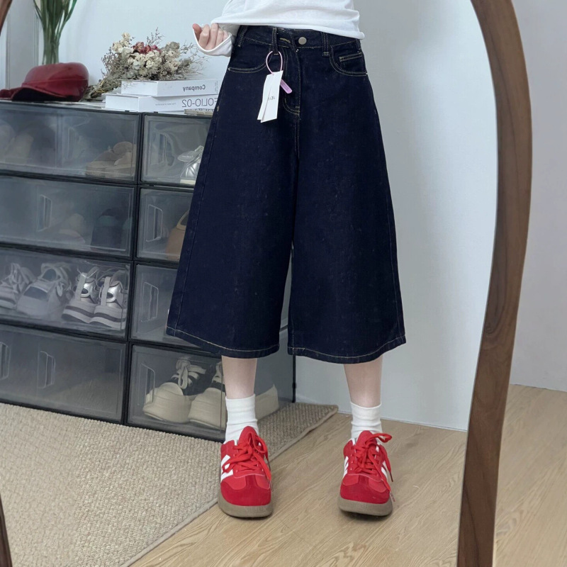 Dark Blue Wide-Leg Denim Cropped Pants for Women, New Summer Style, Plus Size, Loose Fit, Slimming, Suitable for Pear-Shaped Body, Straight-Leg Pants