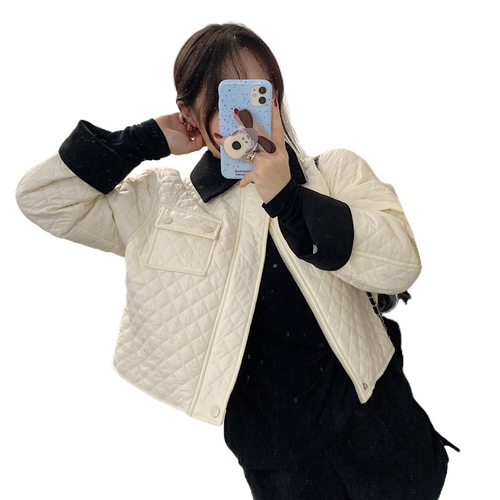 Women's Cotton Padded Jacket with Reverse Collar, Single Button, Checkered Pattern, Long Sleeve, Retro Color Combination - Autumn/Winter Style from Korea