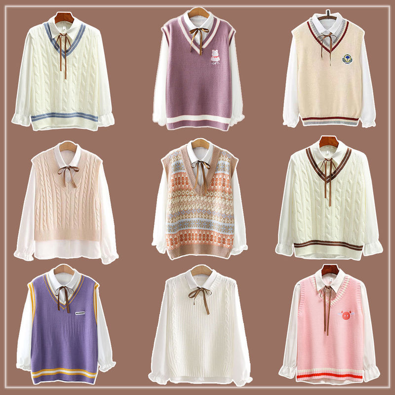 Girls' Clothing Student Spring and Autumn Middle School Student College Style Sweater Vest Shirt Two-Piece Set Loose and Stylish Knitted Vest