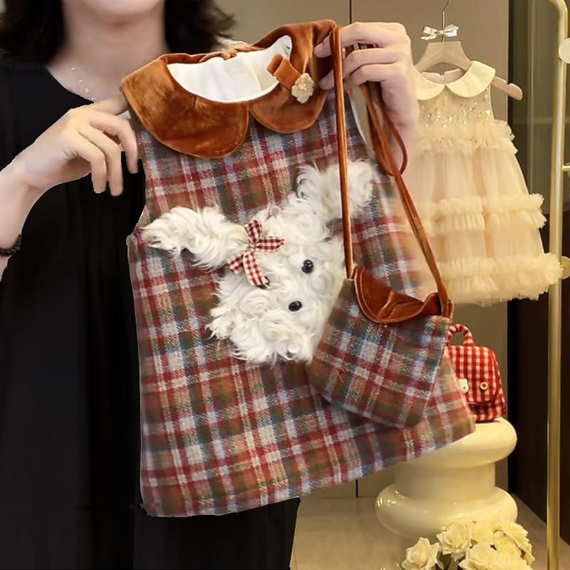 Qianqiu niñas más vestido de terciopelo otoño y invierno nuevo chaleco retrógrado para niños falda a cuadros vestido de princesa bebé