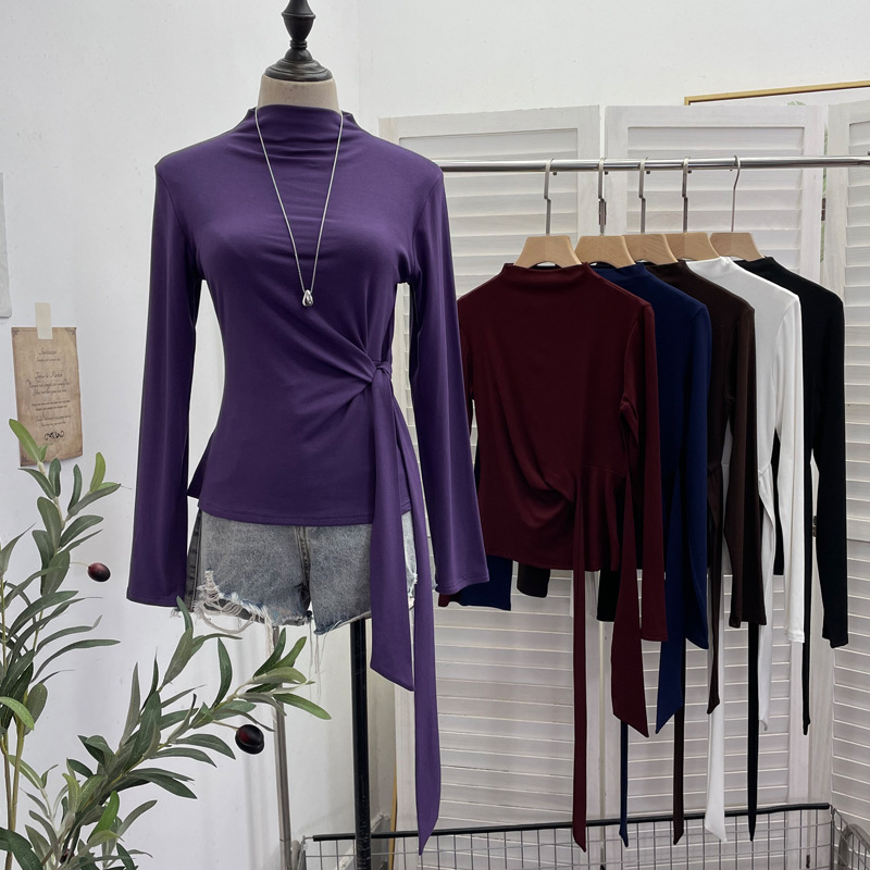 Real Shot of Half Turtleneck Asymmetrical Strap Long-Sleeved T-Shirt Bottoming Shirt for Women in Autumn and Winter with Slim Fit Top 2777