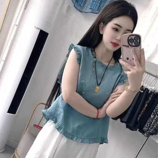 欧洲站时尚减龄套装女2025夏季新款撞色格子木耳边无袖小衫阔腿裤|undefined