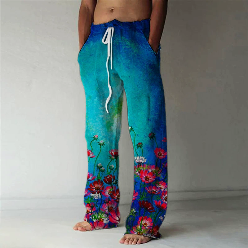 Мужские широкие брюки в стиле бохо 2025 года, с 3D-печатью, свободные, повседневные, пляжные, на завязках