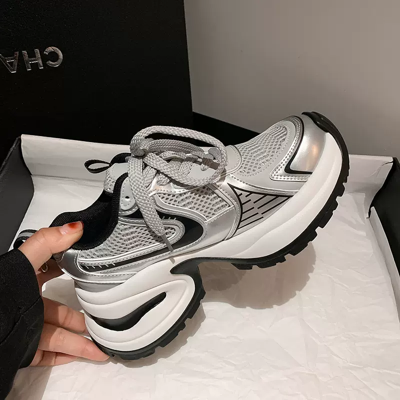 葡萄妈同款夏季时髦系带休闲运动鞋透气网面厚底增高老爹鞋女