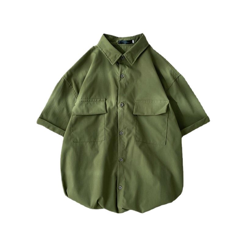 Verano estilo de Hong Kong ins camisa de manga corta de los hombres de doble bolsillo de moda estudiante suelta media manga casual ropa de trabajo camisa