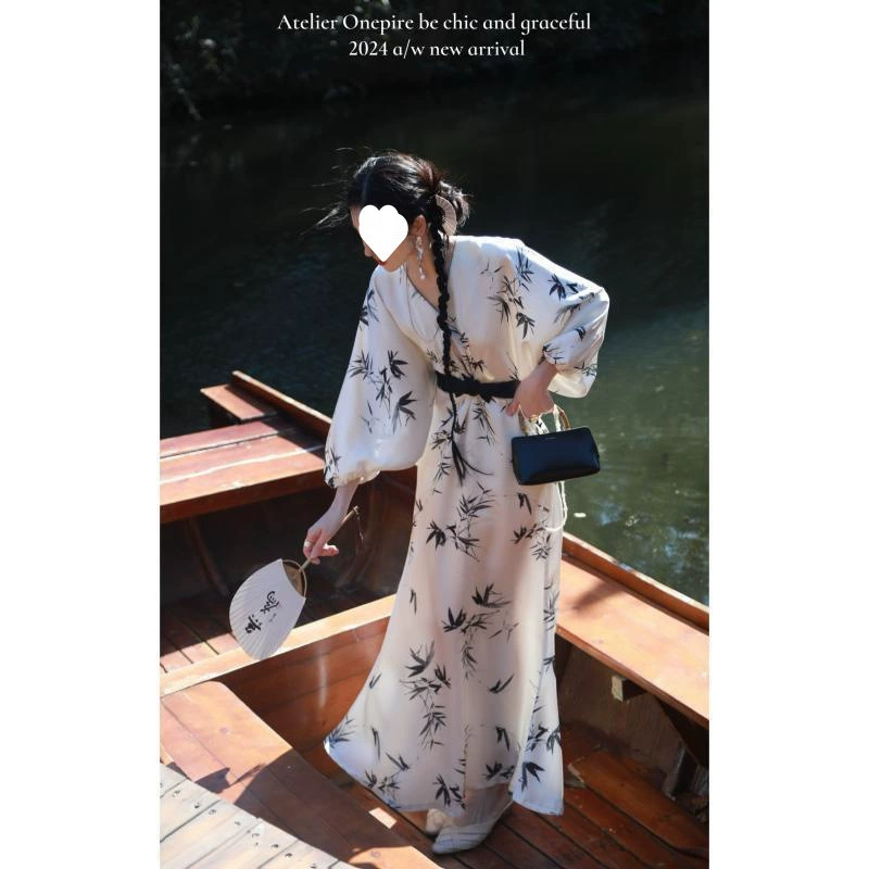 2525 новый летний стиль, ретро, ​​новое атласное платье в стиле шинуазри, утягивающее талию, с v-образным вырезом и широкими рукавами, элегантное элегантное платье