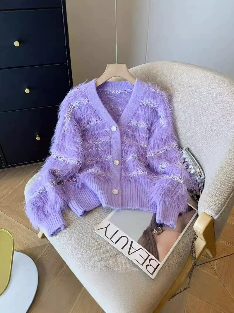 Бархатный вязаный свитер, Oversize с V-образным вырезом кардиган, искусственный мех, один размер