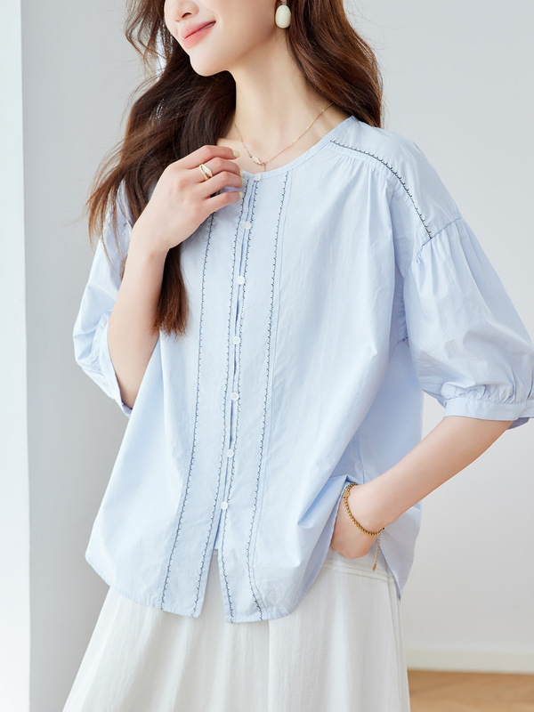 工場直販女性用トップステッチ刺繍フレンチシャツ25年夏新スタイルスリムラウンドネックカジュアルシャツ|undefined