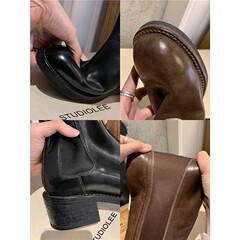 【送羊毛垫】葡萄妈studiolee进口A级马皮弹力织带粗跟包腿骑士靴