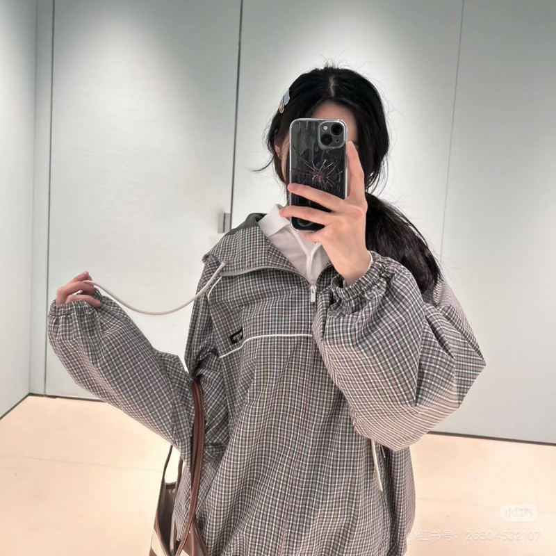 外贸跨境25Fw原标MIU缪家格纹科技面料飞行员连帽夹克外套男女|undefined