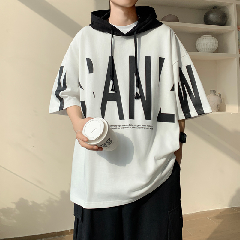 Camiseta de manga corta encapuchada de moda masculina de verano suelta ropa de estilo portugués marca de moda camiseta de manga media delgada de moda