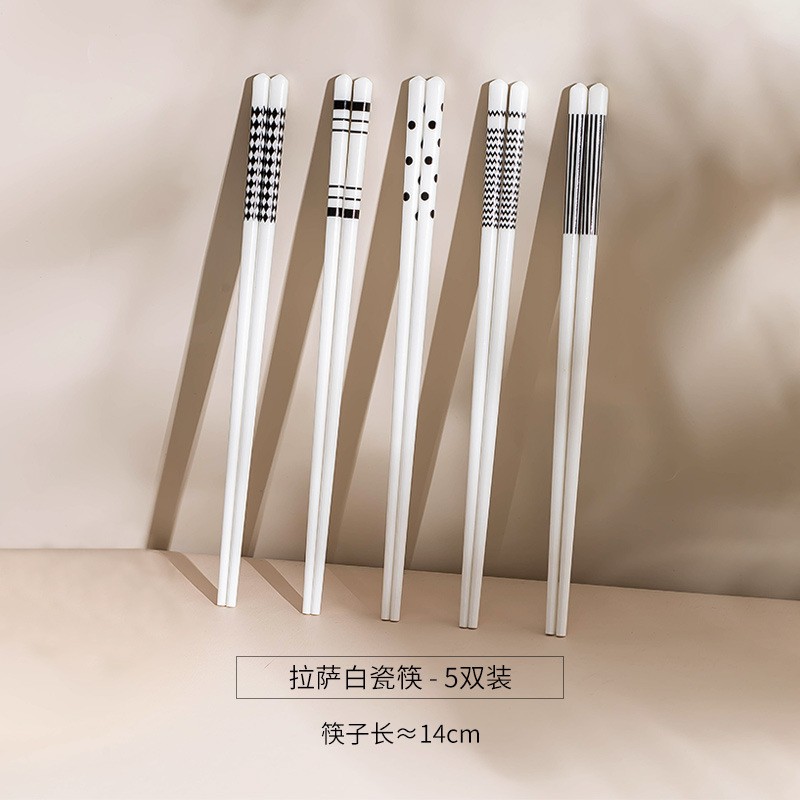 순수 라인-라사 흰색 도자기 젓가락 5 쌍 (전자 레인지 식기 세척기 사용 가능) 그릇 젓가락 세트