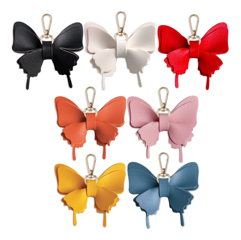 跨境皮革蝴蝶小挂件装饰创意五彩蝴蝶皮绳挂件棉绳个性包包钥匙扣