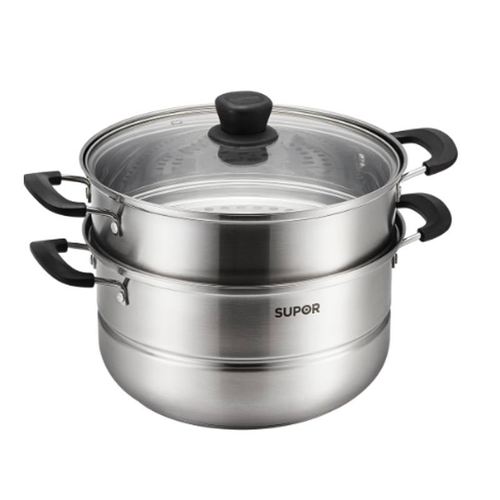 Supor Stainless Steel Steamer with Glass Lid, 26cm Diameter, Double Layer, Visible Glass Cover, Open Flame Use