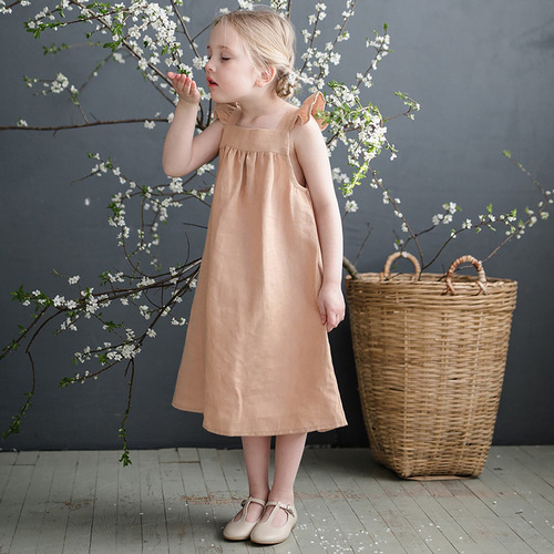 Girls' clothing linen minority forest style dress summer new style short sleeve strapless dress loose baby princess skirt 