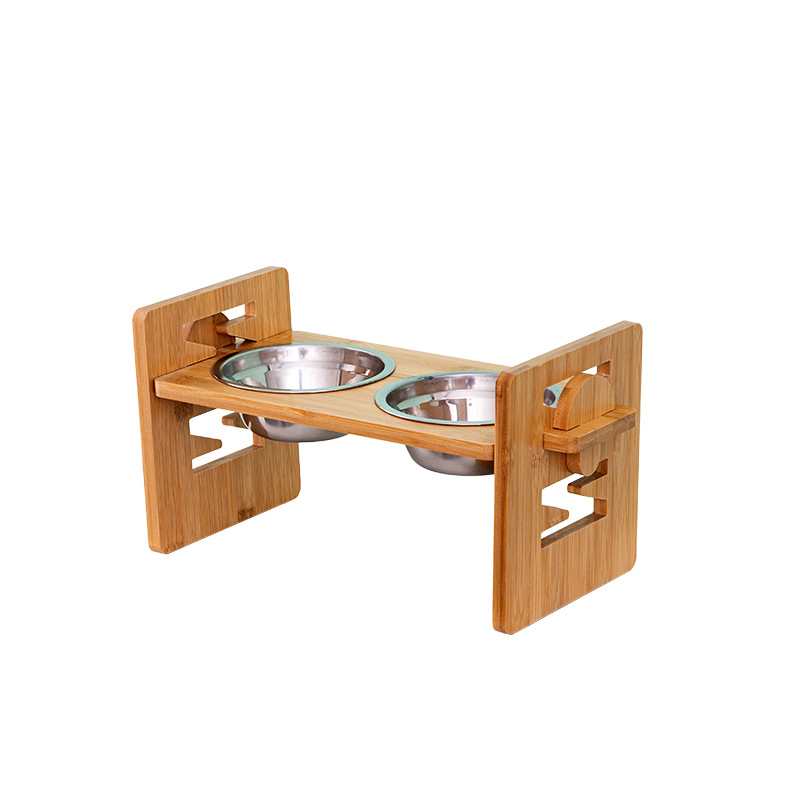 En stock bambú Pet Tazón estante solo Tazón doble tazón de fuente de alimentación de mascotas estante de madera estante de alimentos con acero inoxidable tazón