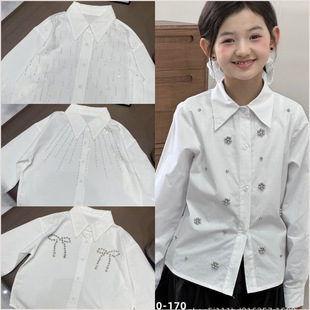 Girls' Long-Sleeve Shirt with Beaded Pure Cotton Turn-Down Collar, White Top, College Style, for Older Children, Rhinestone Embellished Shirt, Export
