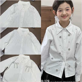 女童衬衫长袖钉珠纯棉翻领白色上衣学院风中大童儿童烫钻衬衣外贸
