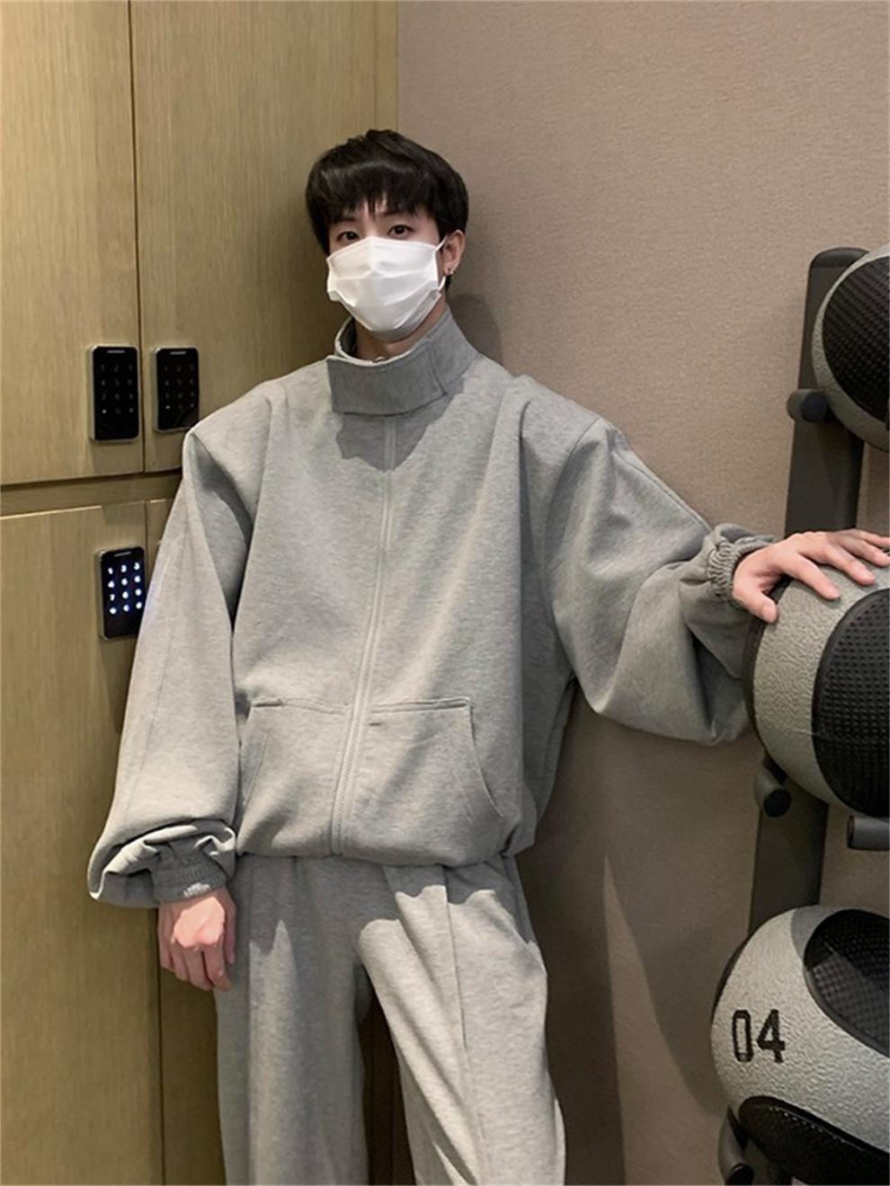 Casual herr sportset i koreansk stil med axelvaddering_voghion.com