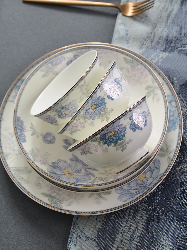 PHZ0批发轻奢风新中式唐山骨质瓷餐具碗盘子组合陶瓷碗碟套装家用