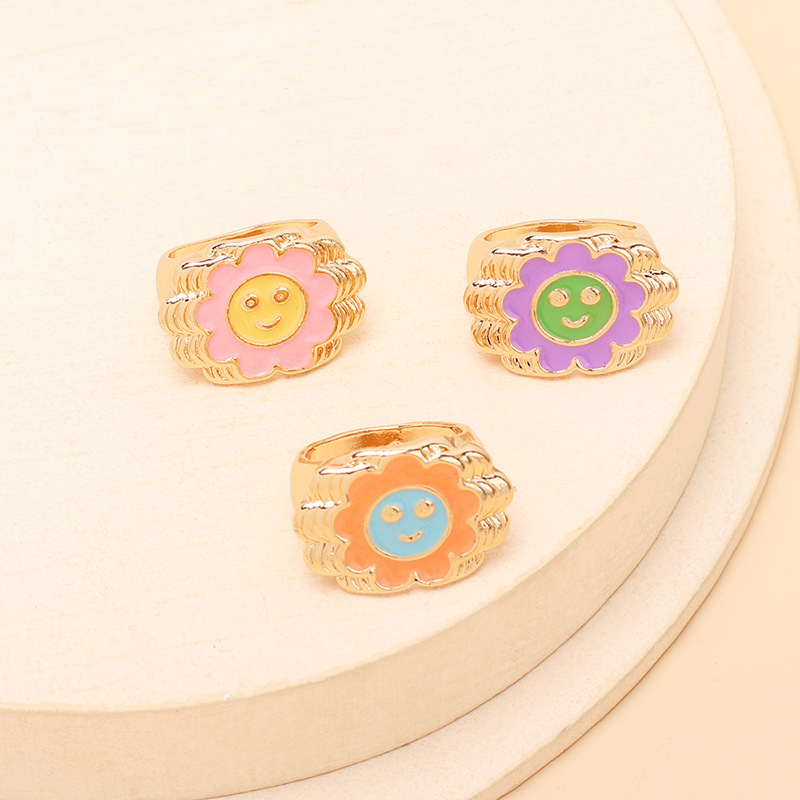 13g Weight Women'S Gender Green, Blue, Yellow Color One Size Size Wholesale Jewelry Cartoon Flower Smile Ring Nihaojewelry 3