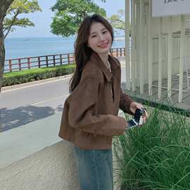 咖色美拉德麂皮绒短外套女春秋季2026新款小个子港风复古夹克上衣