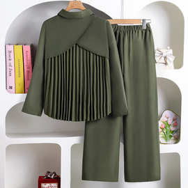 外贸女童装2026春季亚马逊新款时尚后背压褶长袖衬衣休闲长裤套装