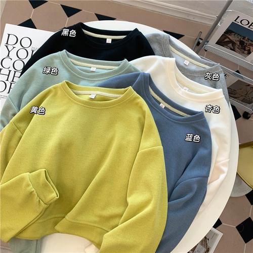  new autumn Korean style soft and lazy style loose solid color round neck pullover versatile high waist short sweatshirt for women