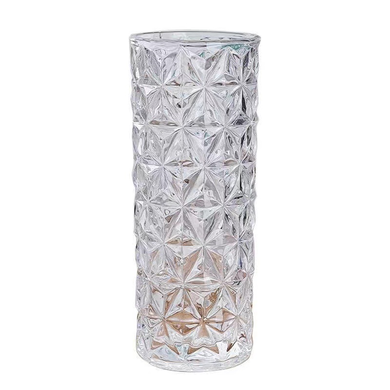 Simple jarrón de vidrio estriado de hielo lujoso de alto nivel jarrón transparente sala de estar tamaño grande lirio rica ornamentación de flores de bambú