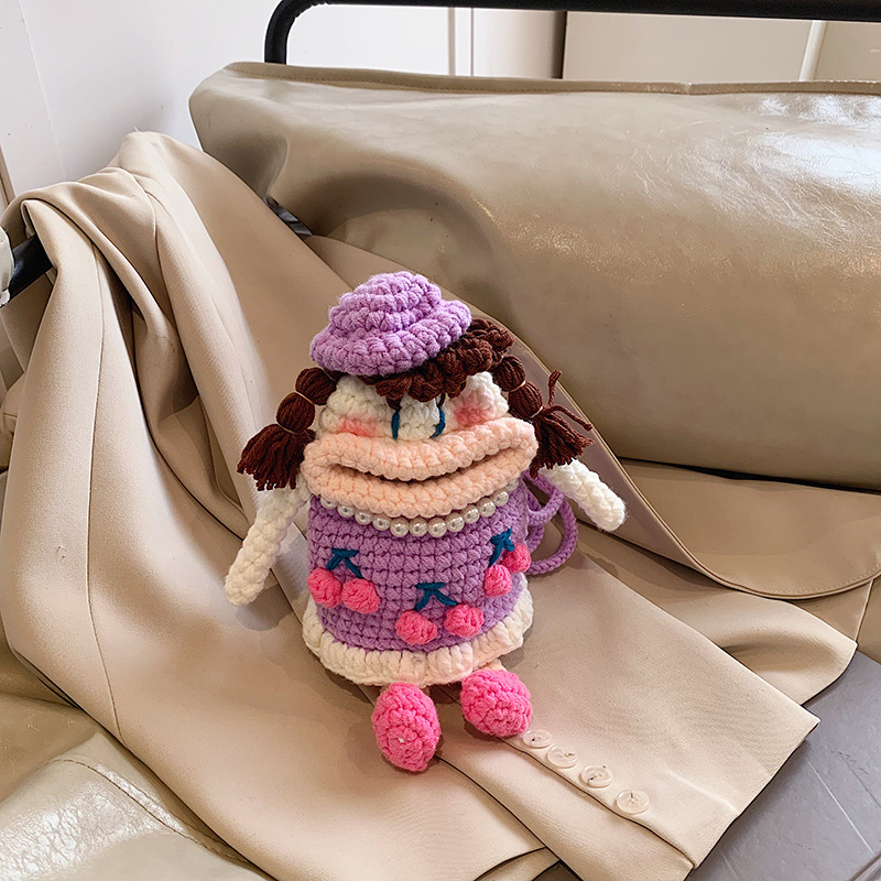 Hombres y niños de dibujos animados bolsos de hombro ganchos de lana productos terminados bolsos de mochila para niños adorables muñecas de boca grande bolsos de cambio para niños