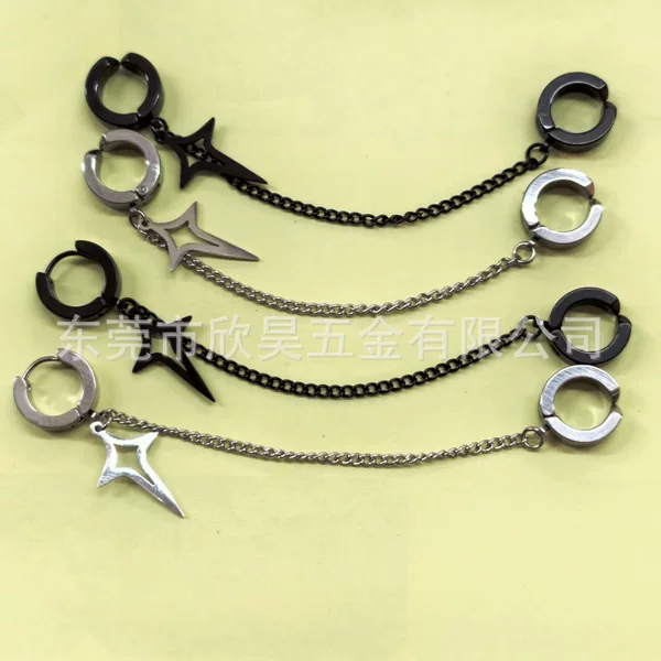 Non-Pierced Four-Pointed Star Ear Clip Earrings for Boys Niche Design Star Ear Bone Chain Black Ear Hanging Cool and Handsome Women's Earrings