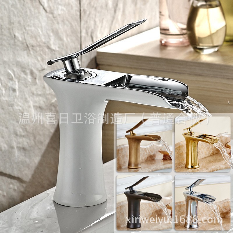 All-copper white and gold antique waterfall basin, cold and hot water faucet, retro bathroom basin, sitting single-hole mixed water undefined